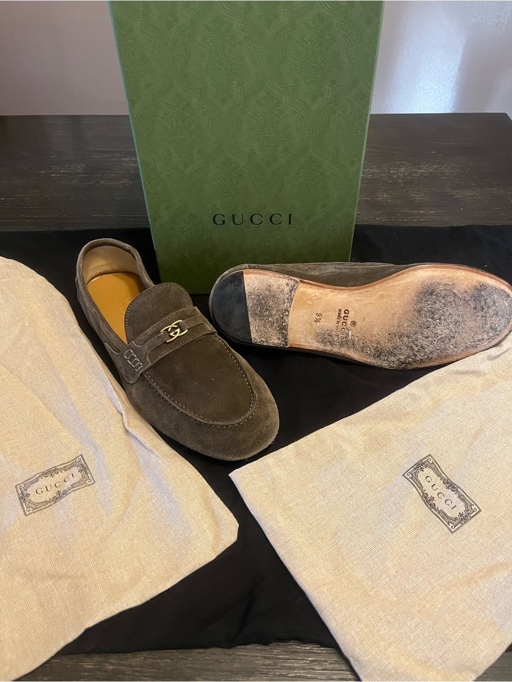 Gucci Olive Brown Suede Men’s Horsebit Loafers